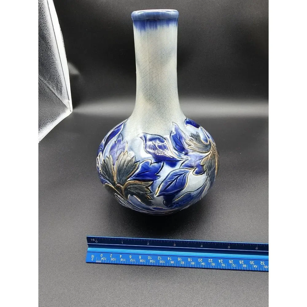 Antique‎ Doulton Lambeth Vase 1881 Signed By Louise E Edwards Cobalt Floral